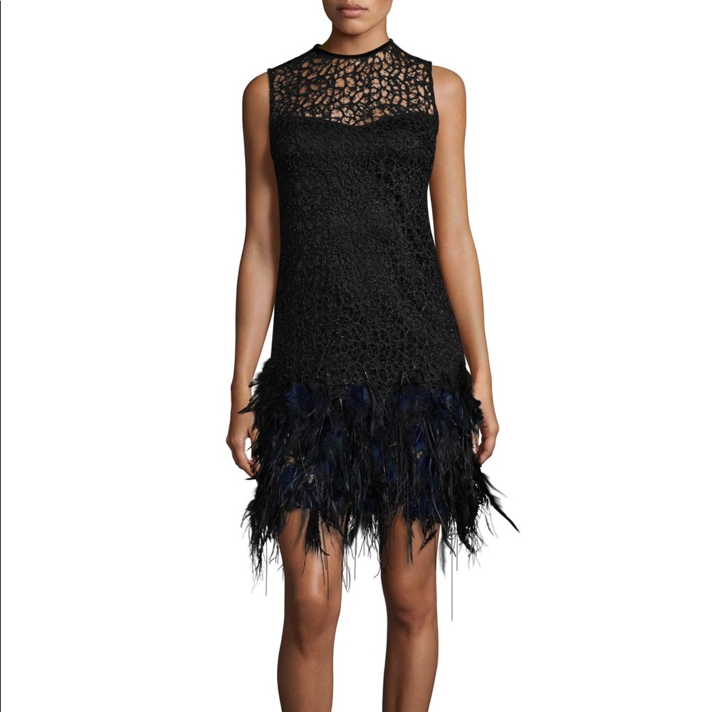 Elie Tahari Mirage FeatherTrim Cocktail Dress Gem